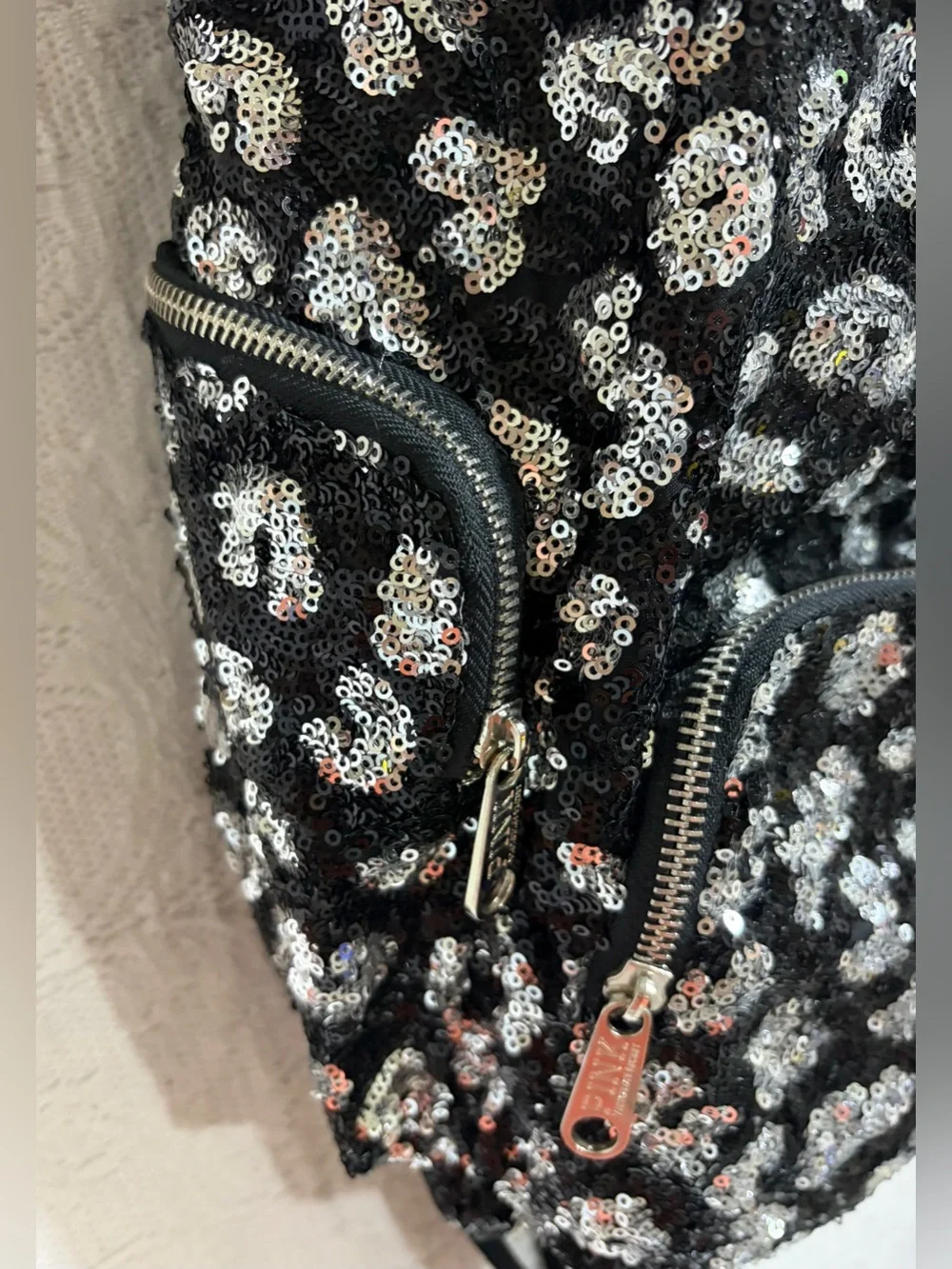 Victoria's Secret PINK Leopard Cheetah Backpack Bag Sequin Black Silver RARE